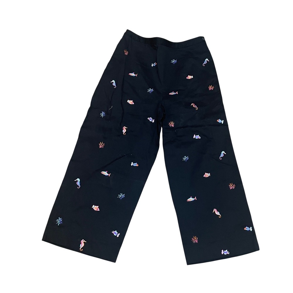 Coldwater Creek Women's 14 NWT Black Embroidered Seahorse Fish Wide Leg Pants